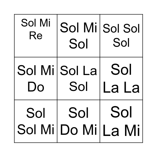 Solfege- Sol Mi La Do Re Bingo Card