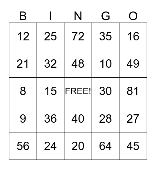 I love Multiplication Bingo Card