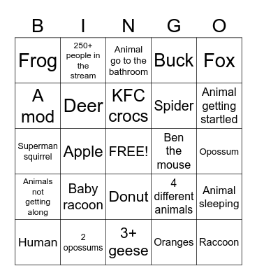CritterVision Bingo Card