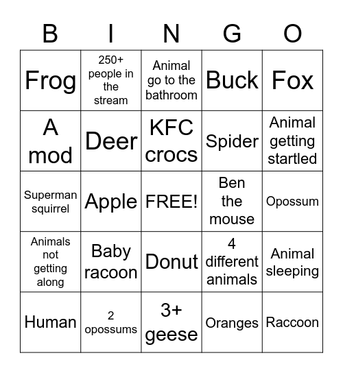 CritterVision Bingo Card