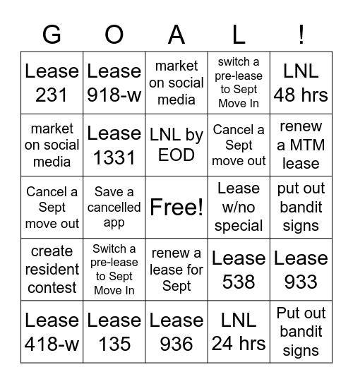 LGC September Goal Bingo Card