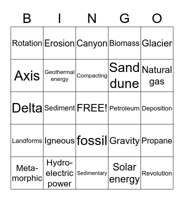 Changes to the Earth's Surface Bingo Card