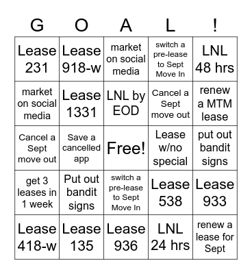 LGC September Goal Bingo Card