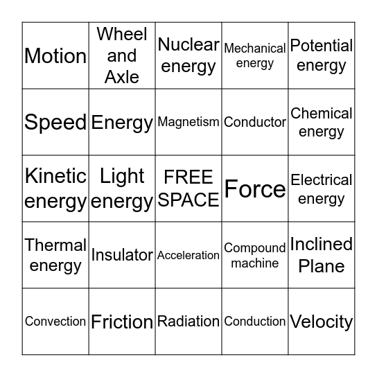 FORCE, Motion, and ENERGY Bingo Card