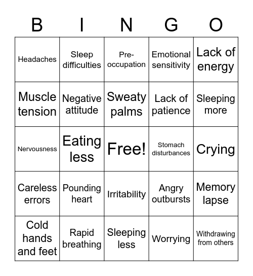 Signs of Stress Bingo Card