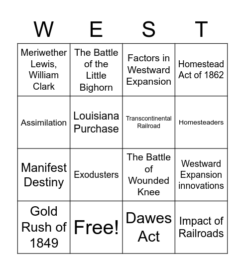 Westward Expansion Bingo Card