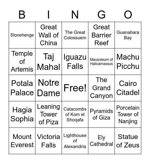 Wonders of the World Bingo Card