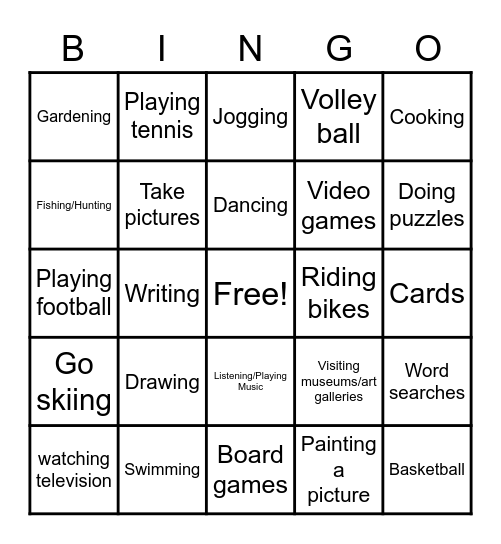 Leisure Bingo Card