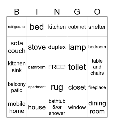 Rooms & Things in a Home Bingo Card