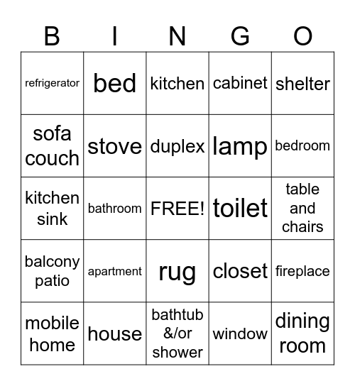 Rooms & Things in a Home Bingo Card