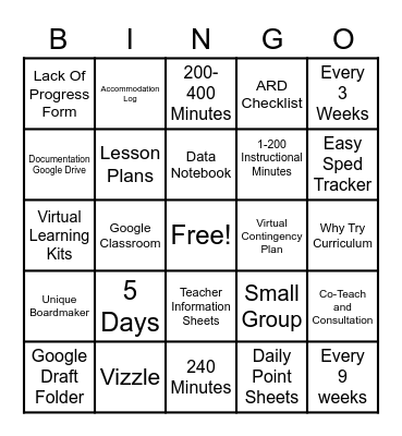 Special Education Bingo Card