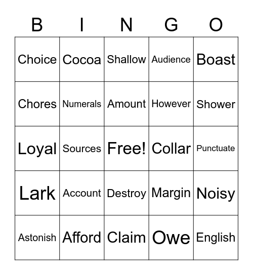 Spelling Word Bingo Card