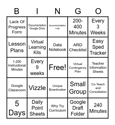 Special Education Bingo Card