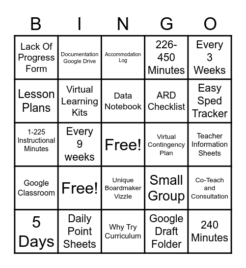 Special Education Bingo Card