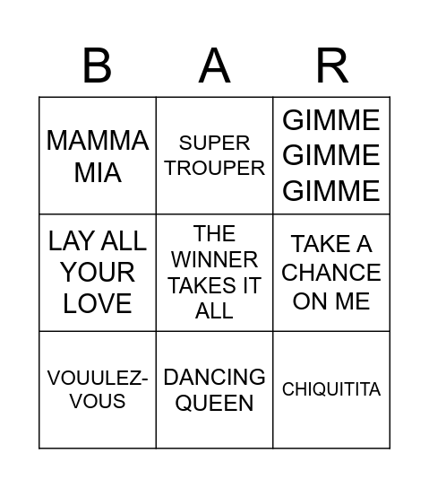 ABBA-RRY BINGO!!! Bingo Card