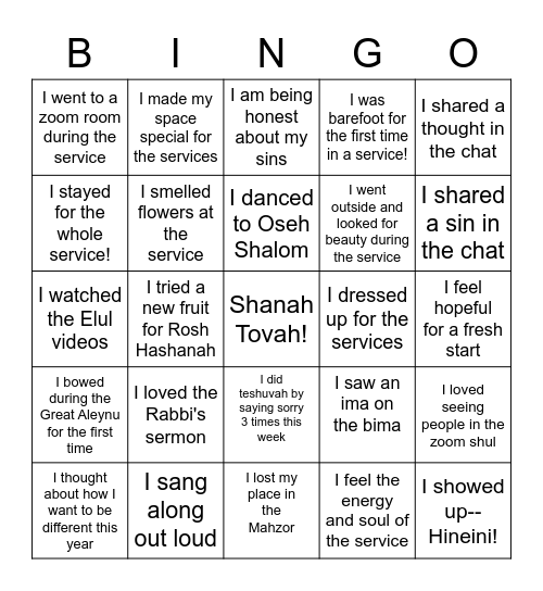 High Holy Days 2020 Bingo Card