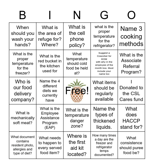 DINING Bingo Card