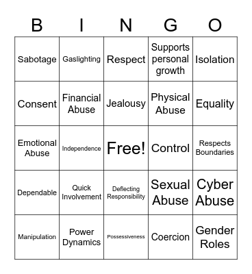 LIADV Healthy Relationships Bingo Card