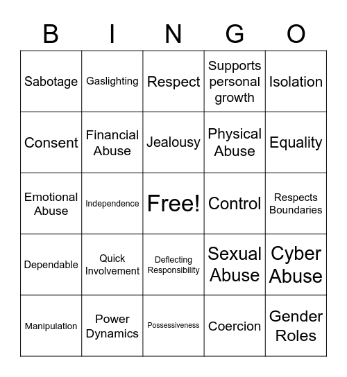 LIADV Healthy Relationships Bingo Card