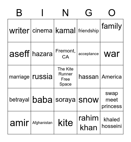 THE KITE RUNNER Bingo Card