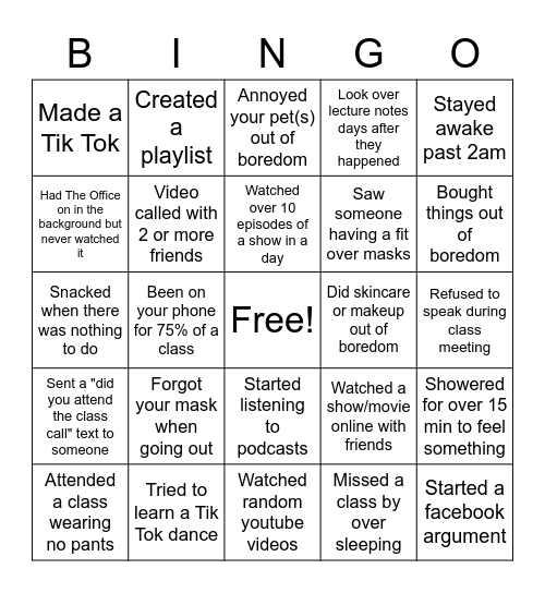 Quarantine Bigo Bingo Card