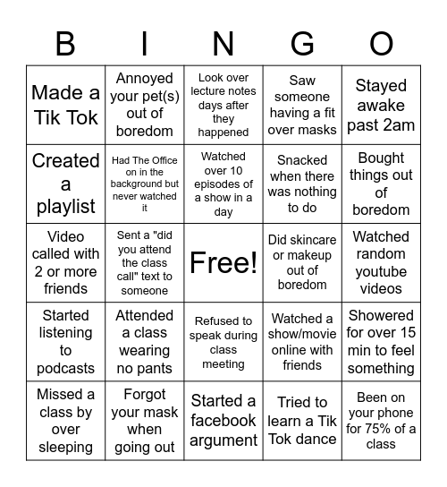 Quarantine Bigo Bingo Card