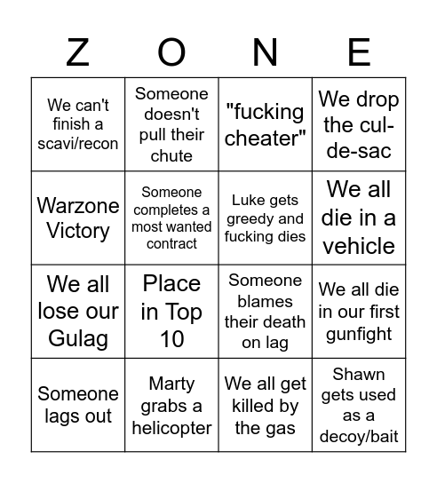 BINGO ZONE Bingo Card
