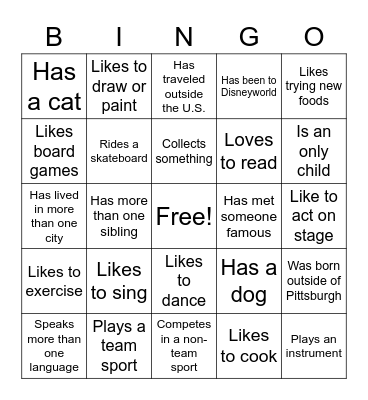 All About Us! Bingo Card