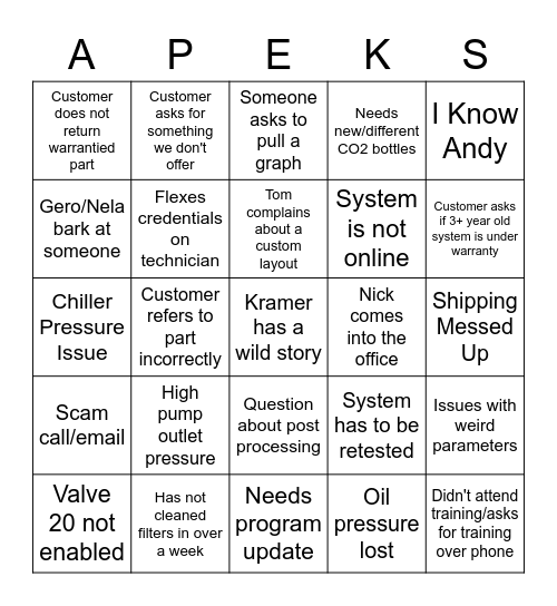 Apeks Bingo Card