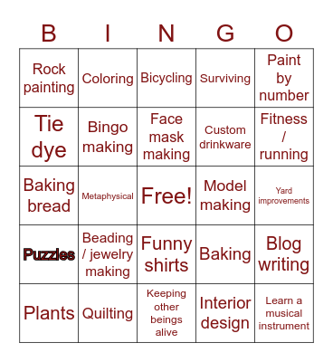 Quarantine Hobby Bingo Card