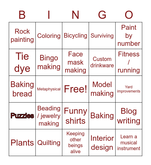 Quarantine Hobby Bingo Card