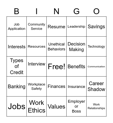 Work Based Learning Bingo Card