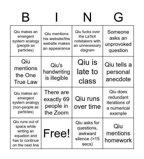 Zingo Qiungo Bingo Card