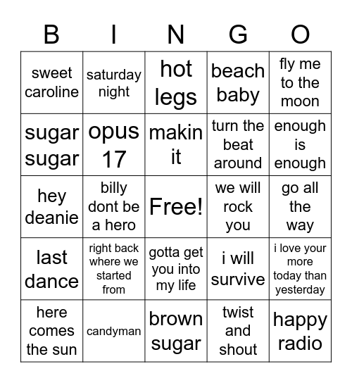 50's 60's 70's Bingo Card