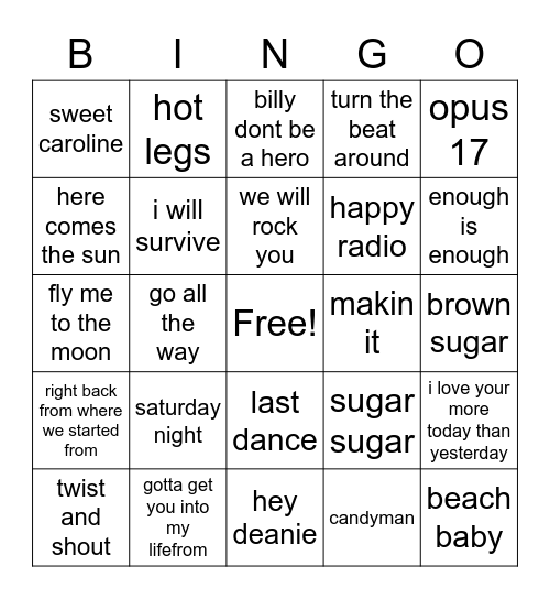 50's 60's 70's Bingo Card