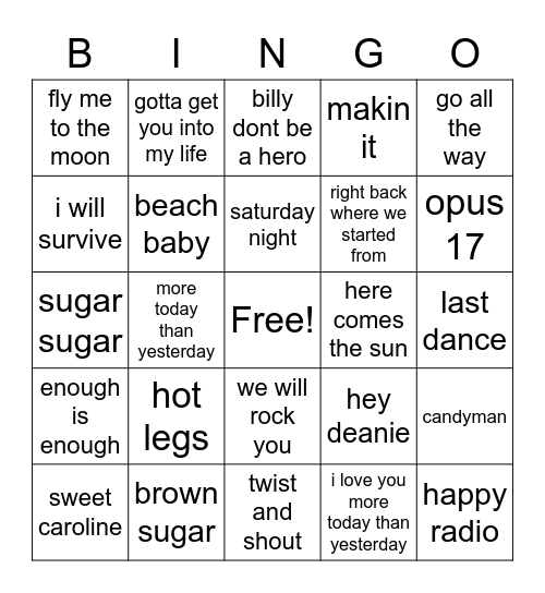 50's 60's 70's Bingo Card