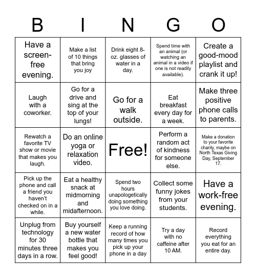 Self-Care Bingo Fall Semester Edition Bingo Card