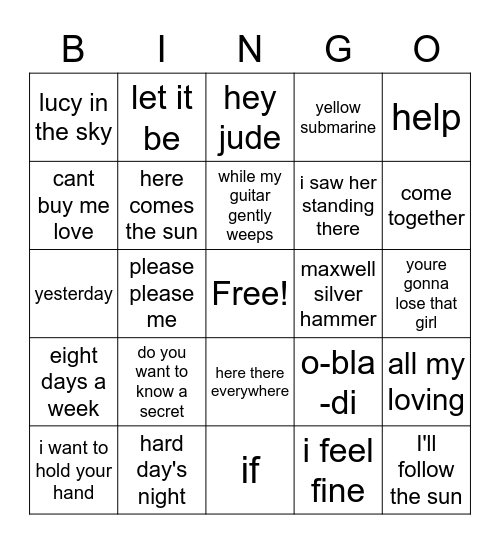 The Beatles Bingo Card
