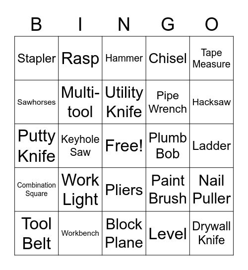 Name of Hand Tools Bingo Card