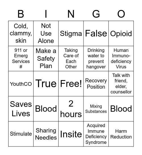 Harm Reduction Bingo Card