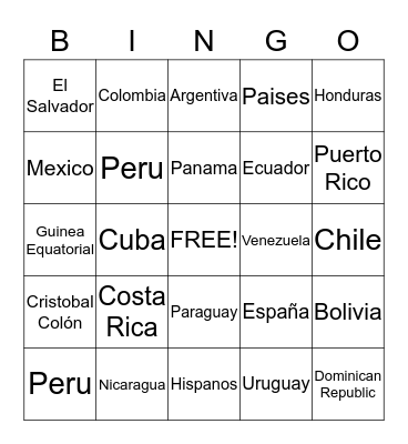 Hispanic Countries Bingo Card