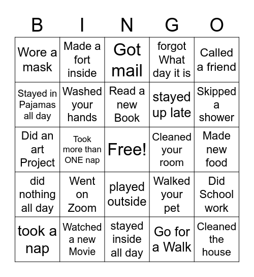 Quarantine Bingo Card