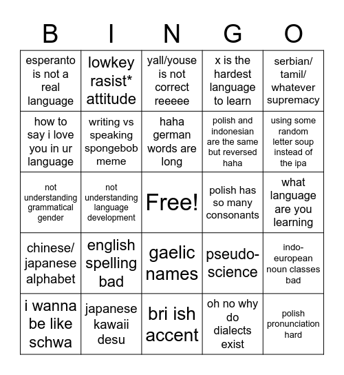 facebook language related Bingo Card