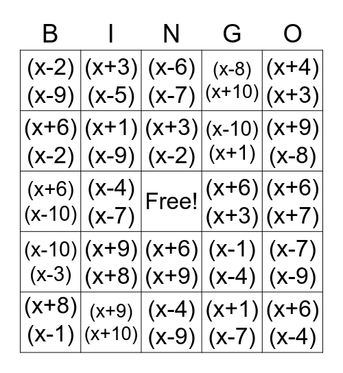 Factoring Trinomials Bingo Card