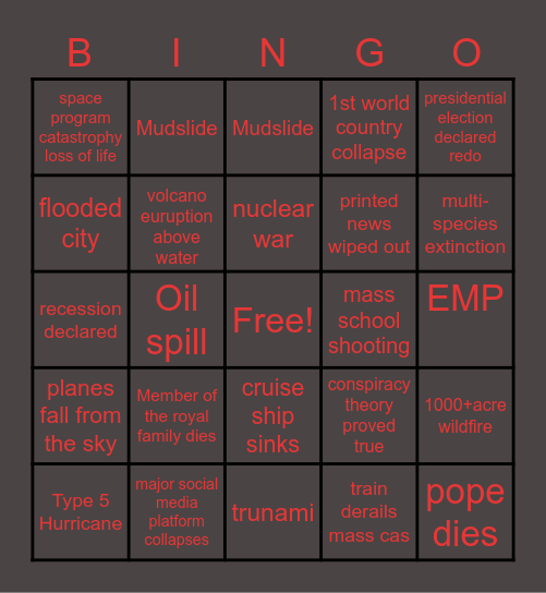 2020 Apocalypse Version Bingo Card