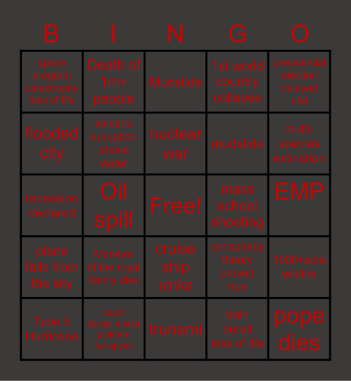 2020 Apocalypse Version Bingo Card