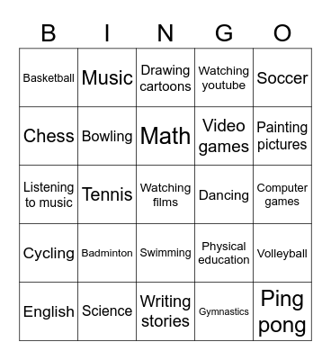 What do you think of____________? Bingo Card