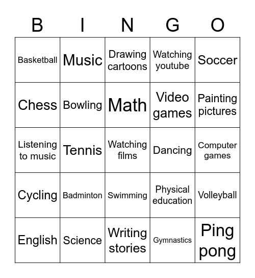 What do you think of____________? Bingo Card