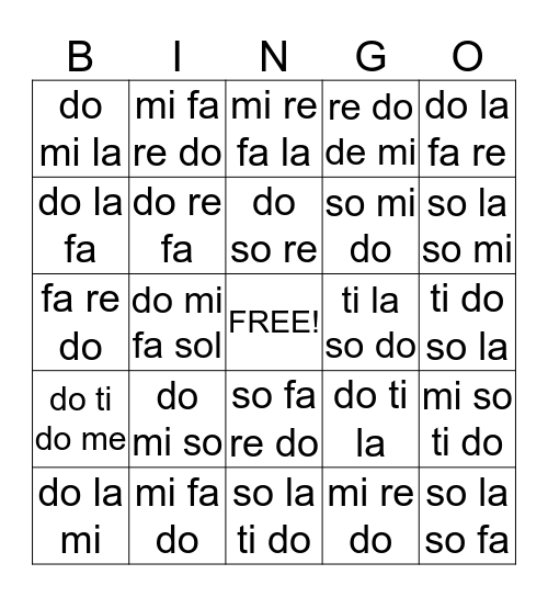 solfege Bingo Card