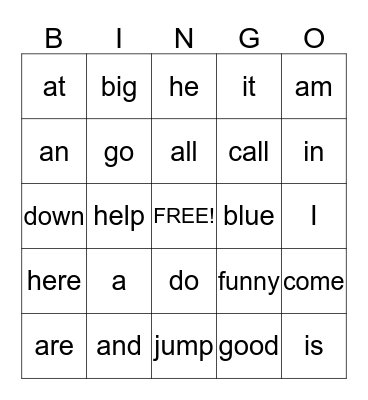 Dolch Words Bingo Card